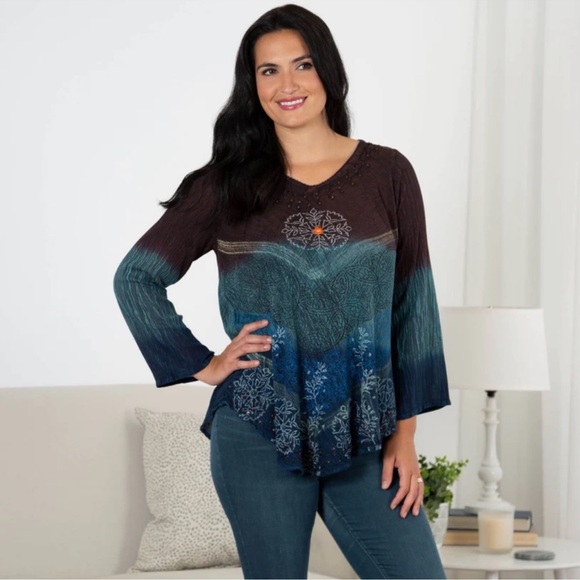 Greater Good ~ Earth & Sky Ombré Embroidered, Sequined, Beaded Boho Top - Picture 3 of 14